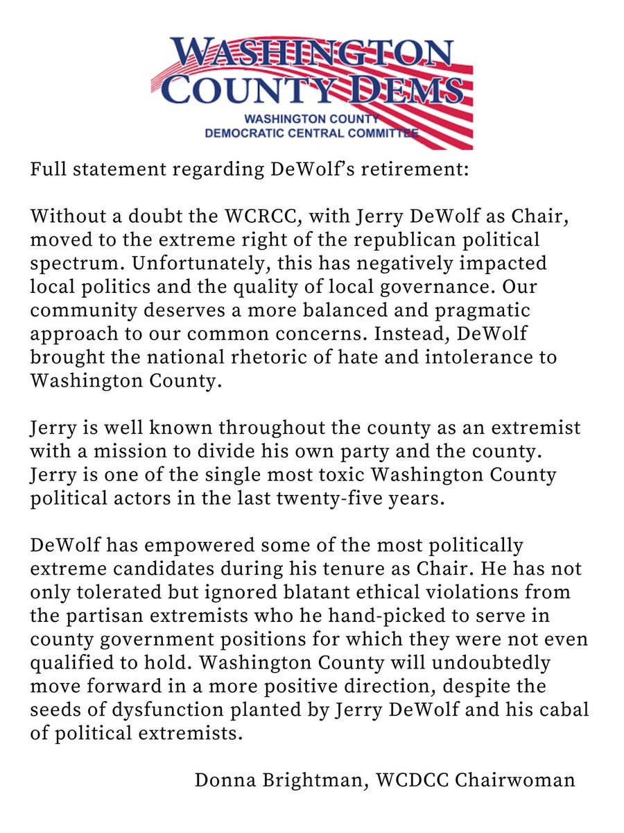 WDccmd's tweet image. The public deserves to hear the reality of DeWolf’s tenure on the Republican Central Committee, rather than the cherry-picked Herald-Mail fluff piece. Here’s Brightman’s full statement made in response to a Herald-Mail email questionnaire regarding Jerry DeWolf's retirement: