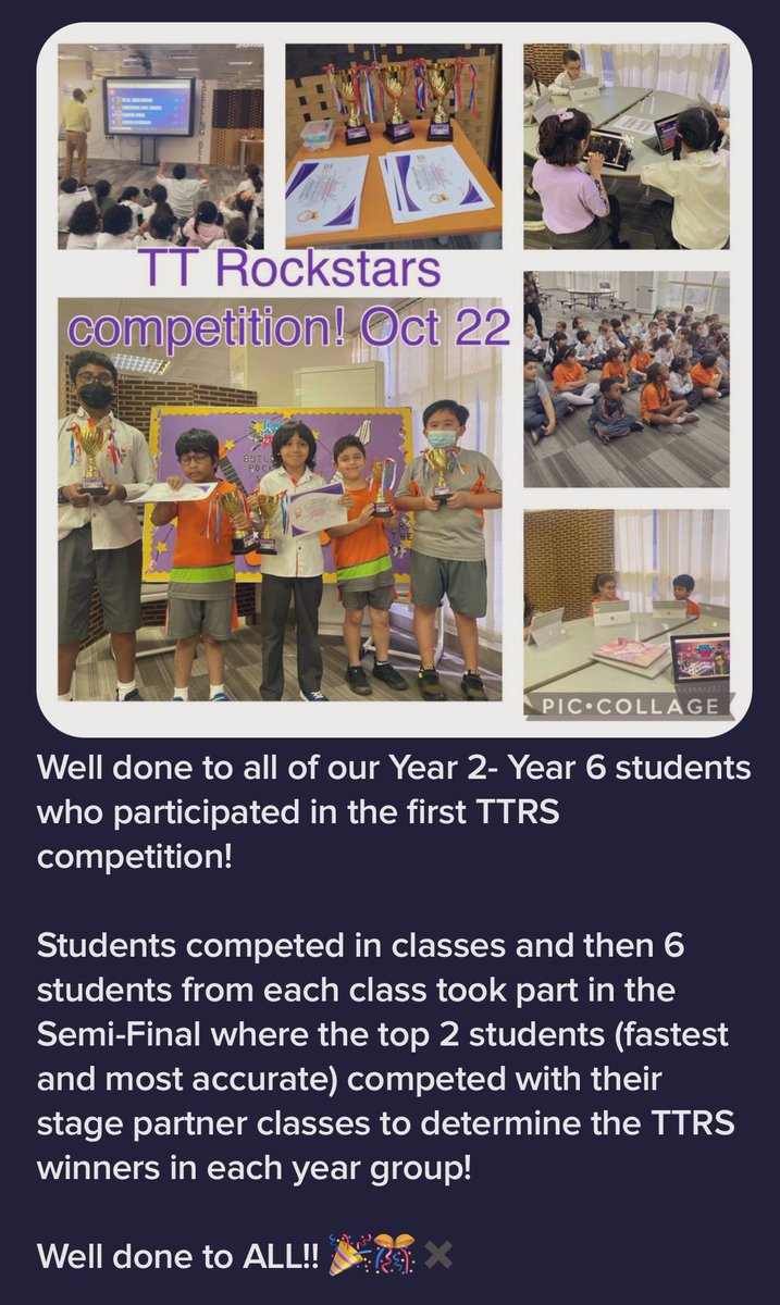 EdmentLynsey's tweet photo. @psisqatar  Today we hosted our first Times Table Rock Stars TTRS competition. We are so proud of all our students who participated and a huge congratulations to our reigning champions in years 2-6! https://t.co/W0q5YWnpDQ