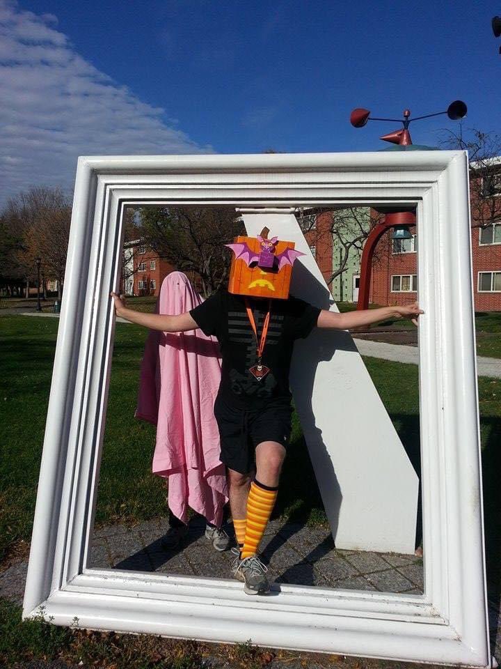 NickStraight's tweet image. On this day in 2014, the last time I ran a 5k and I made a paper-craft pumpkin head. Also @Peter_Wartman as the pink ghost (he was surprisingly speedy in that thing).
