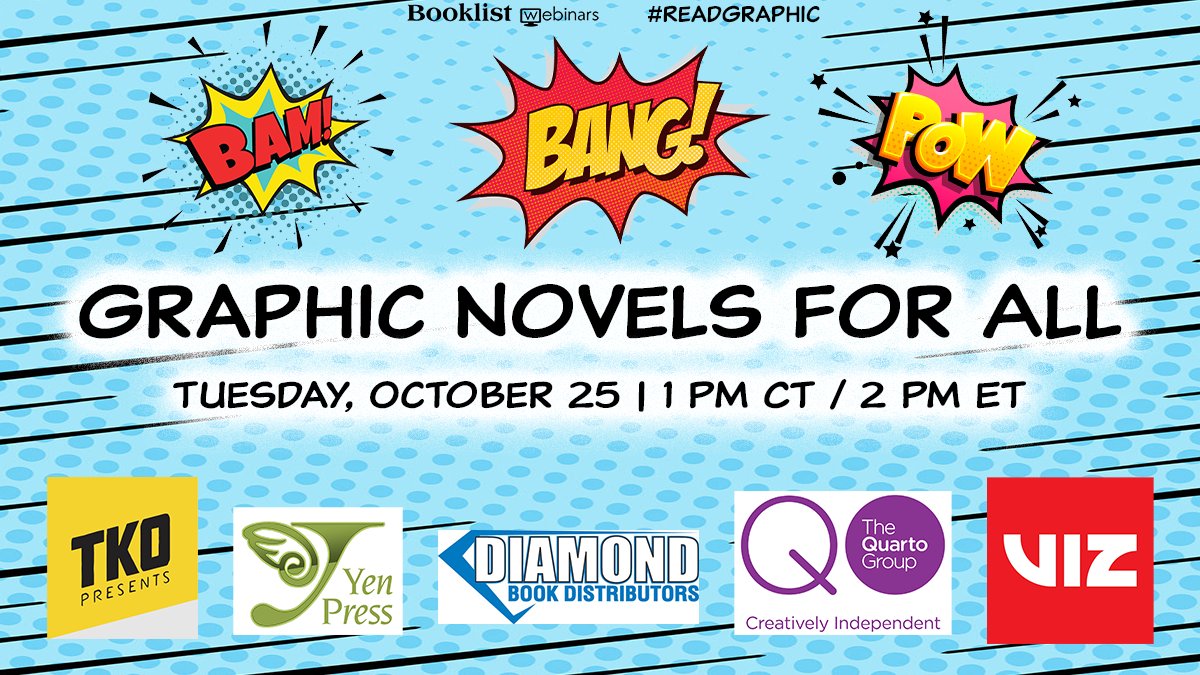 Don't forget to register for today's #ReadGraphic webinar featuring titles from: 💥 @TKOpresents 💥 @yenpress 💥 @DiaBookshelf 💥 @QuartoKnows 💥 @VIZMedia Expand your GN collection and register now: bit.ly/3STsLx8