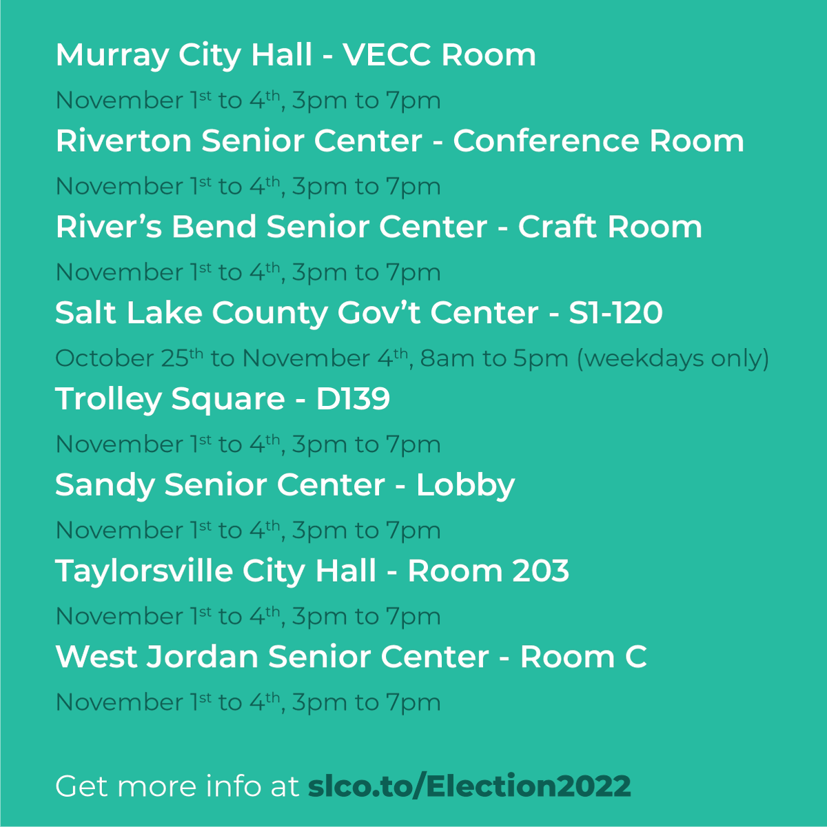 VoteSLCo's tweet photo. Early voting begins today! You can cast your vote in-person today at one of our eight early vote centers. Visit https://t.co/hz5ZuRbPN0 for more information. https://t.co/m42wLU5UZA