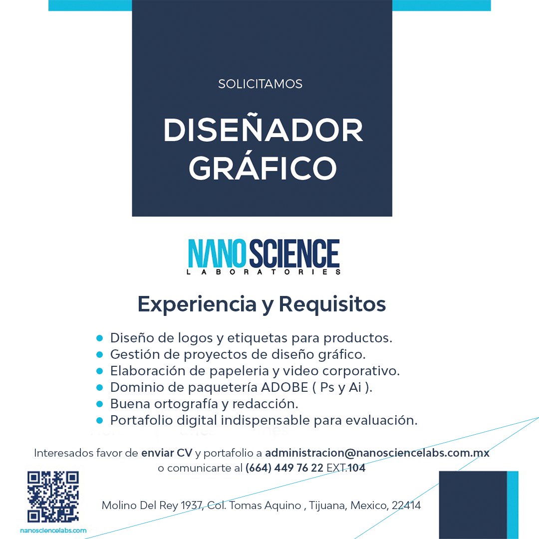 NLaboratorie's tweet photo. Interesados favor de enviar CV y portafolio a administracion@nanosciencelabs.com.mx o comunicarte al (664) 449 76 22 EXT.104. 
👉🏻 CONTRATACIÓN INMEDIATA.
👉🏻 SUELDO ATRACTIVO.
👉🏻 FONDO DE AHORRO.
#tijuana #solicitamos #trabajadores #trabajo #diseñografico #diseño https://t.co/zD9mf38k0K