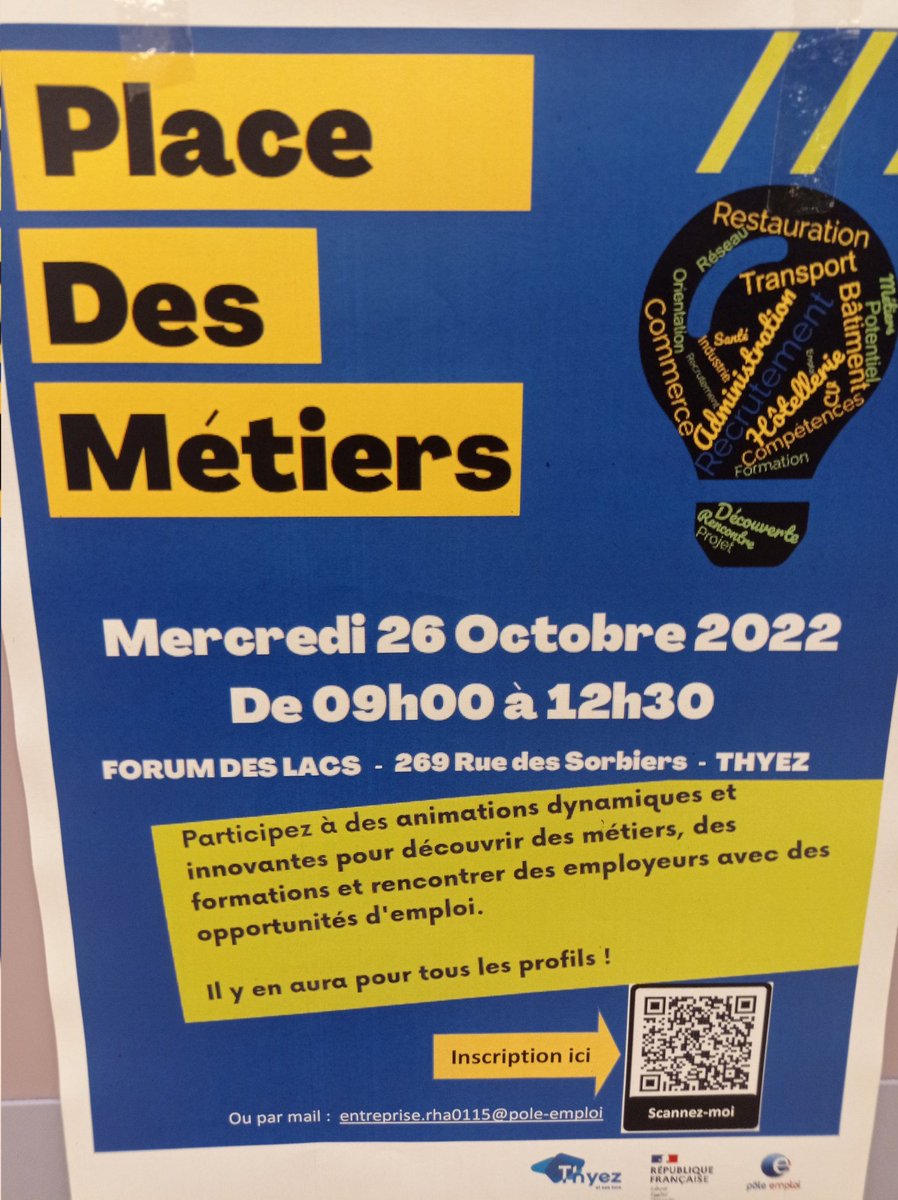 On est prêt 👍
Nous vous attendons nombreux 😊
Forum des métiers et de recrutement, tous secteurs professionnels.
✅ Forum des lacs à Thyez 9 à 12h30
[Pôle emploi Cluses]
