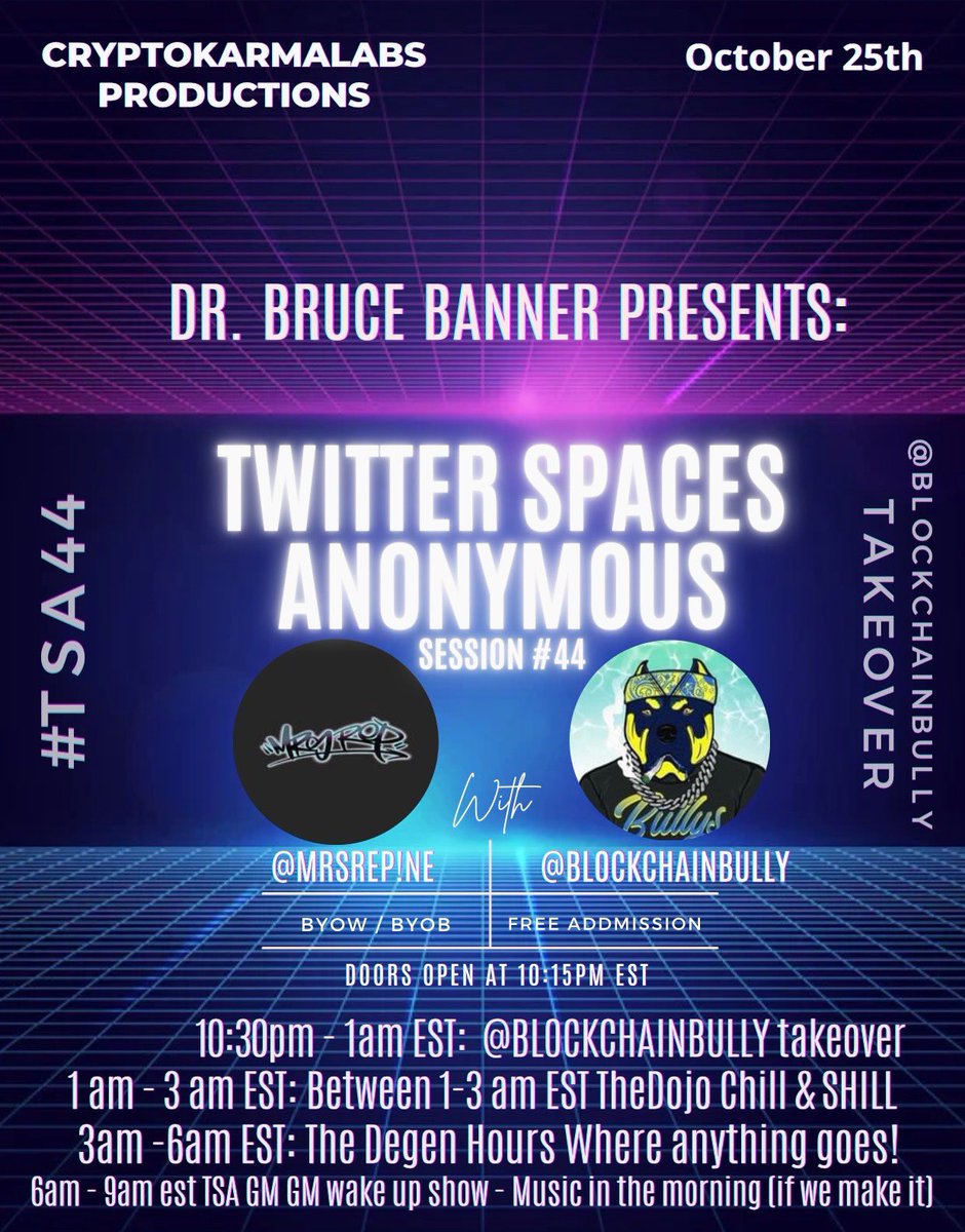 Come join us tonight and get to know <a href="/BLOCKCHAINBNFT/">BLOCKCHAINBULLYSNFT</a> <a href="/WonderTwinzTeez/">Wonder Twinz Teez</a> <a href="/Mike_Booth/">Mike✨Booth The Neopolitan Nikolas Cage</a> <a href="/1122Blessed/">StayBlessed💞</a> x.com/i/spaces/1DXGy…