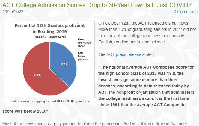ACT College Admission Scores Drop to 30-Year Low—the 5th consecutive year of decline.  Why?

groupcentered.com/reading-blog/a…