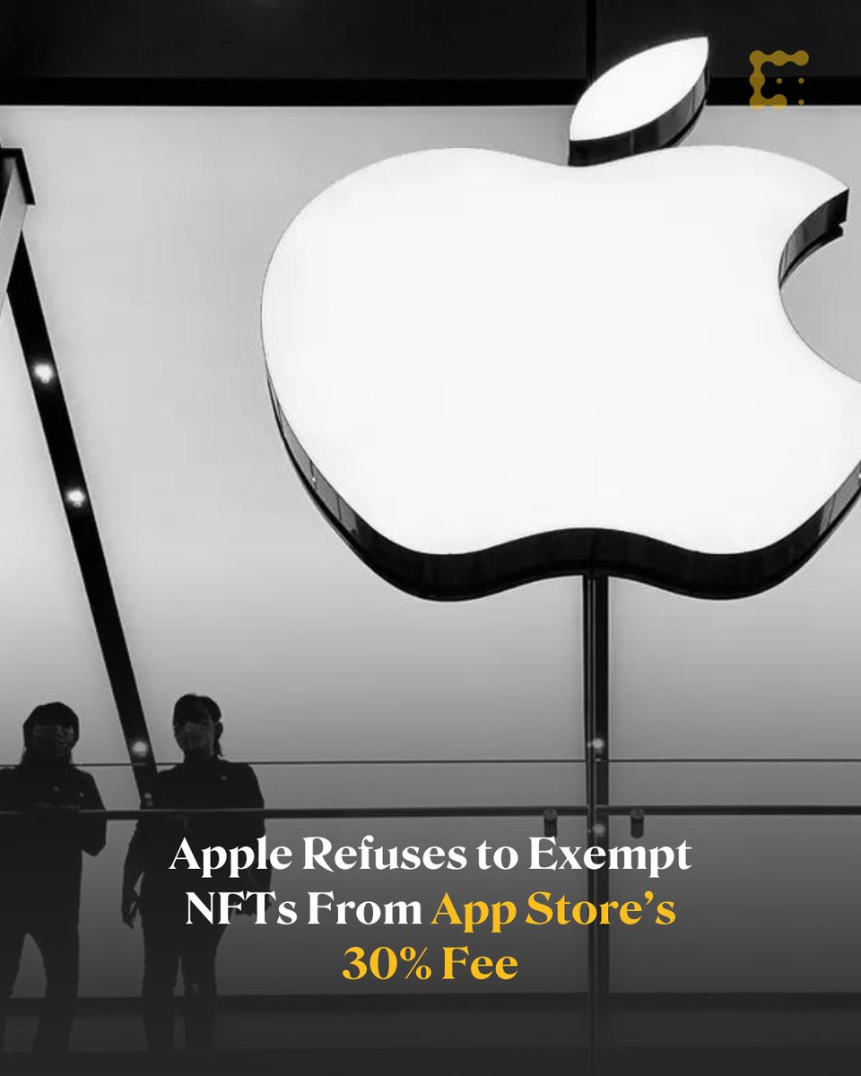 CoinDesk's tweet photo. Apple is maintaining its 30% “Apple Tax” on in-app purchases.

In-app NFT transactions must use Apple’s rails for in-app commerce, where @Apple demands a 30% cut. 
https://t.co/uePVEk9ln3 https://t.co/pST6u8UTtH