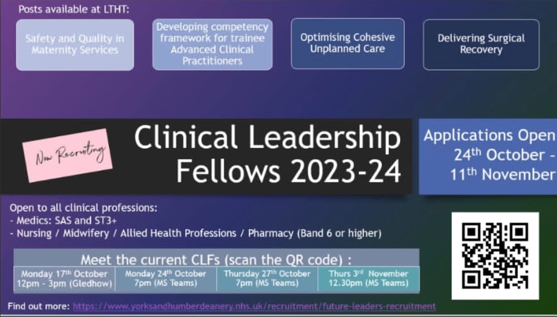 Clinical Leadership Fellows at LTHT (@clfsltht) on Twitter photo 🚨Applications now open🚨
Become a Clinical Leadership Fellow and unlock your potential, innovate and influence change with the Future Leaders Programme and <a href="/LeedsHospitals/">Leeds Teaching Hospitals</a>
💬“Best career decision we ever made” 🤩
<a href="/ali_cracknell/">alison cracknell</a> <a href="/StuHainesHBS/">Stuart Haines</a> 🚨Applications now open🚨
Become a Clinical Leadership Fellow and unlock your potential, innovate and influence change with the Future Leaders Programme and <a href="/LeedsHospitals/">Leeds Teaching Hospitals</a>
💬“Best career decision we ever made” 🤩
<a href="/ali_cracknell/">alison cracknell</a> <a href="/StuHainesHBS/">Stuart Haines</a>