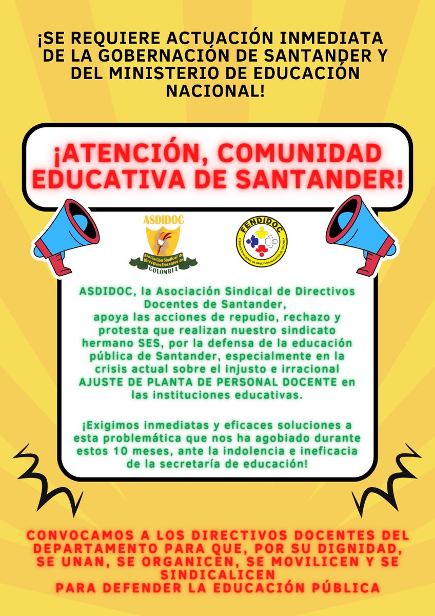 <a href="/AsdidocSder/">𝔸𝕊𝔻𝕀𝔻𝕆ℂ - Sindicato de Directivos Doc. Sder</a> exige a la <a href="/GobdeSantander/">Gobernación de Santander</a> atención para la crisis de la educación pública que perjudica derechos de niños y adolescentes del departamento. <a href="/PFendidoc/">Fendidoc</a> <a href="/SindicatoSES/">Sindicato SES</a> <a href="/cutcolombia/">Central Unitaria de Trabajadores</a> <a href="/SintrenalN/">SINTRENAL Nacional</a> <a href="/Mineducacion/">MinEducación</a>