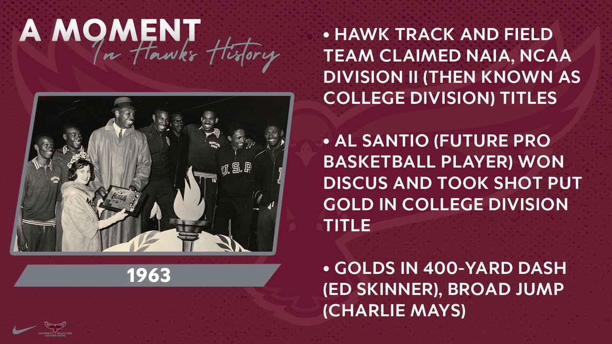 UMESHawkSports's tweet photo. For today's #HawkHistory, we look back to the 1963 Outdoor Track & Field team. The then-Maryland State College Hawks finished the season as NAIA and NCAA Division II champions! #HawkPride https://t.co/W0QrfsvXsi
