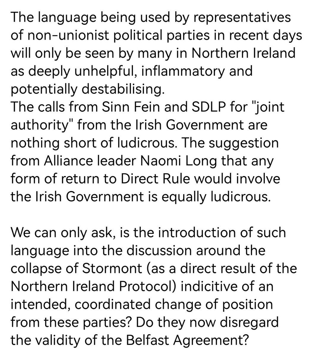 OfficialPUP's tweet photo. We can only ask, is the introduction of such language into the discussion around the collapse of Stormont (as a direct result of Protocol) indicitive of an intended, coordinated change of position from these parties? Do they now disregard the validity of the Belfast Agreement? https://t.co/MPicTa9Wh1