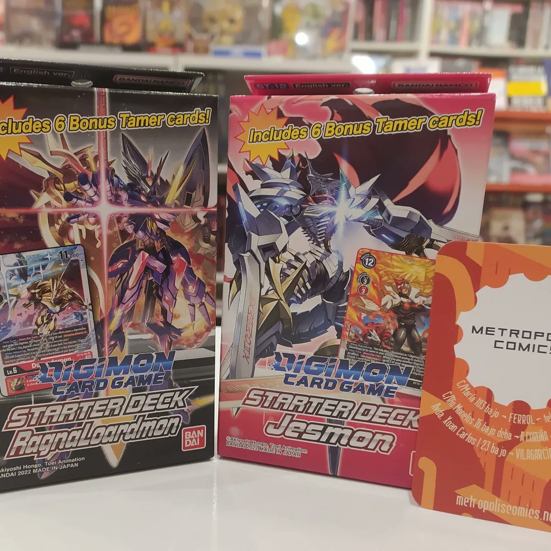 metropol_comics's tweet photo. Ya nos han llegado los #staterdeck de #Digimon ST-12 y ST-13 a tiendas, #Ragnaloardmon y #Jesmon, biennn🎊🎉🎊!. Además nos hemos vuelto tarumbas y hemos traído un lote ingente de fundas ilustradas Dragon Shield a tiendas que estamos segur@s te encantarán para vestir y ⬇️⬇️ https://t.co/nelBhd9TMR