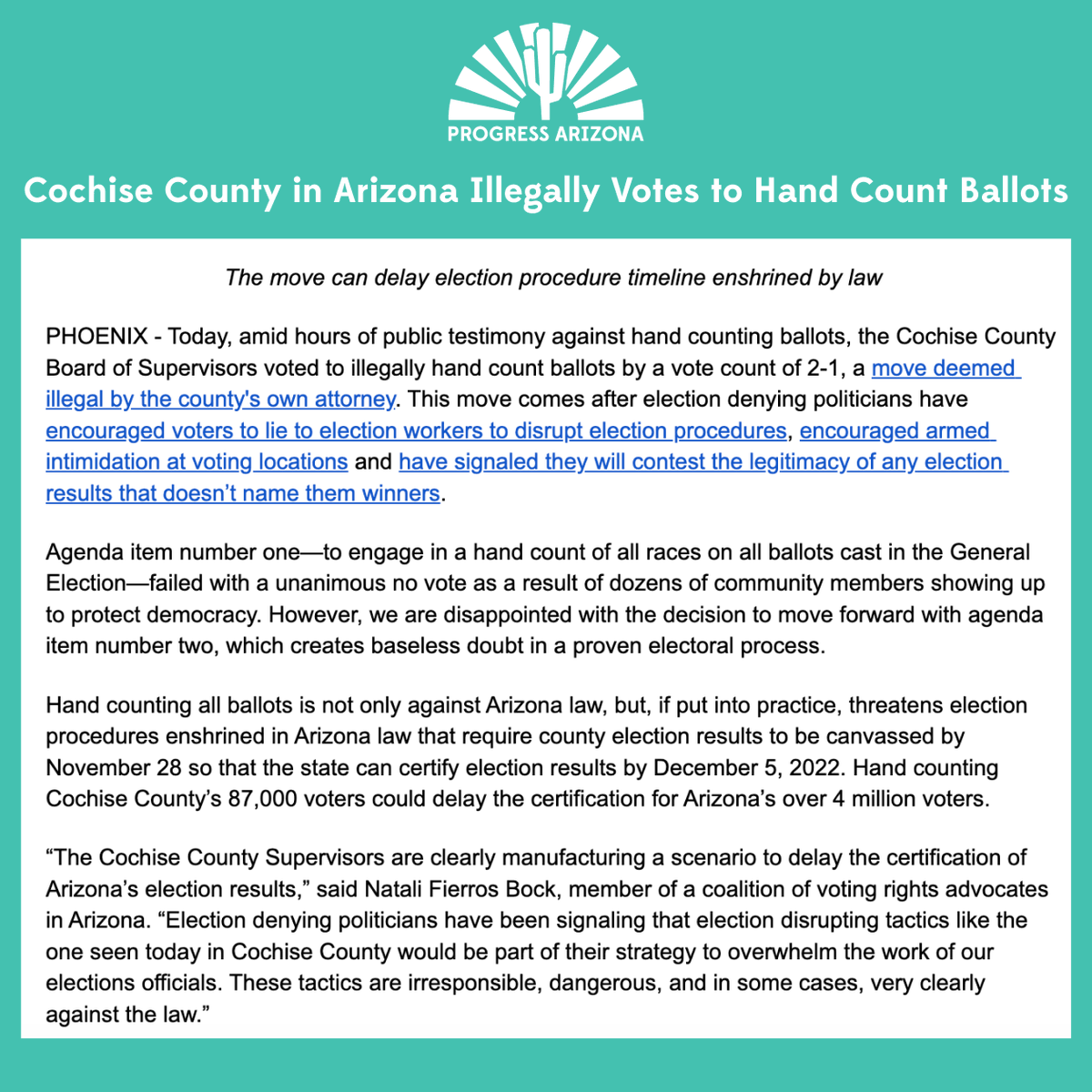 Progress_AZ's tweet image. Yesterday evening, the Board of Supervisors of Cochise County held a meeting to vote on making last minute changes to official voting procedures. Our community members showed up, pressured the board to vote “no” on item 1, but the board decided to ignore AZ voters for item 2