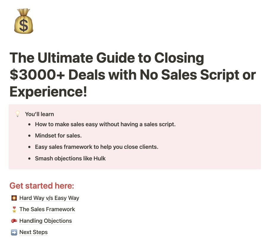 I just created the ultimate guide to closing $3000+ deals with no sales script or experience!

-Mindset behind sales.
-Easy sales framework.
-Smash objections like Hulk
and much more...

Like, Comment "Send" &amp; RT
and I'll send you the guide

(MUST be Following)