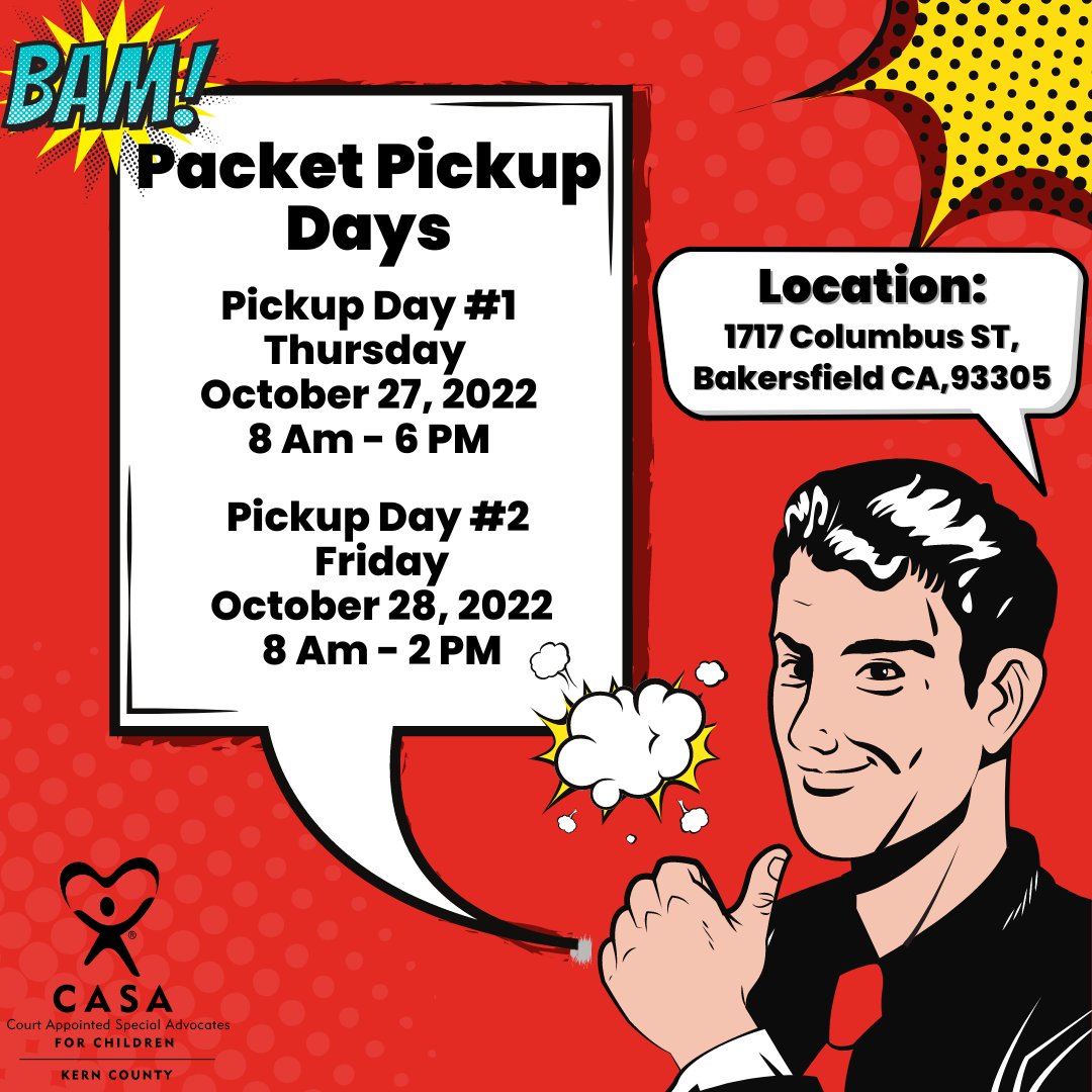 KernCASA's tweet photo. Attention all CASA Superhero Run participants! Packet pick-up will be this Thursday (10/27) and Friday (10/28) at the CASA office! You can pick up your run packet at the CASA office at 1717 Columbus Street, Bakersfield, CA 93305. https://t.co/v0QvYyY5Qh