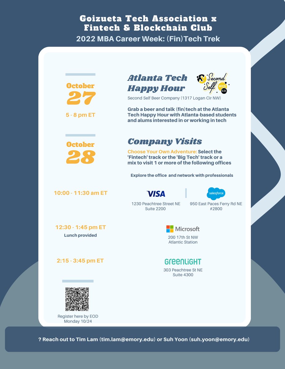 Tim Lam (@timothyylam) on Twitter photo We founded the FinTech club <a href="/EmoryGoizueta/">Emory Goizueta</a> because we saw the fintech opp in ATL (eg, 70% of all global txs pass through GA, dubbed Transaction Alley, many unicorns, diverse talent)
We are thrilled to host the (Fin)Tech Trek visiting <a href="/GreenlightCard/">Greenlight</a> <a href="/Visa/">Visa</a> <a href="/Microsoft/">Microsoft</a> <a href="/salesforce/">Salesforce</a>! We founded the FinTech club <a href="/EmoryGoizueta/">Emory Goizueta</a> because we saw the fintech opp in ATL (eg, 70% of all global txs pass through GA, dubbed Transaction Alley, many unicorns, diverse talent)
We are thrilled to host the (Fin)Tech Trek visiting <a href="/GreenlightCard/">Greenlight</a> <a href="/Visa/">Visa</a> <a href="/Microsoft/">Microsoft</a> <a href="/salesforce/">Salesforce</a>!