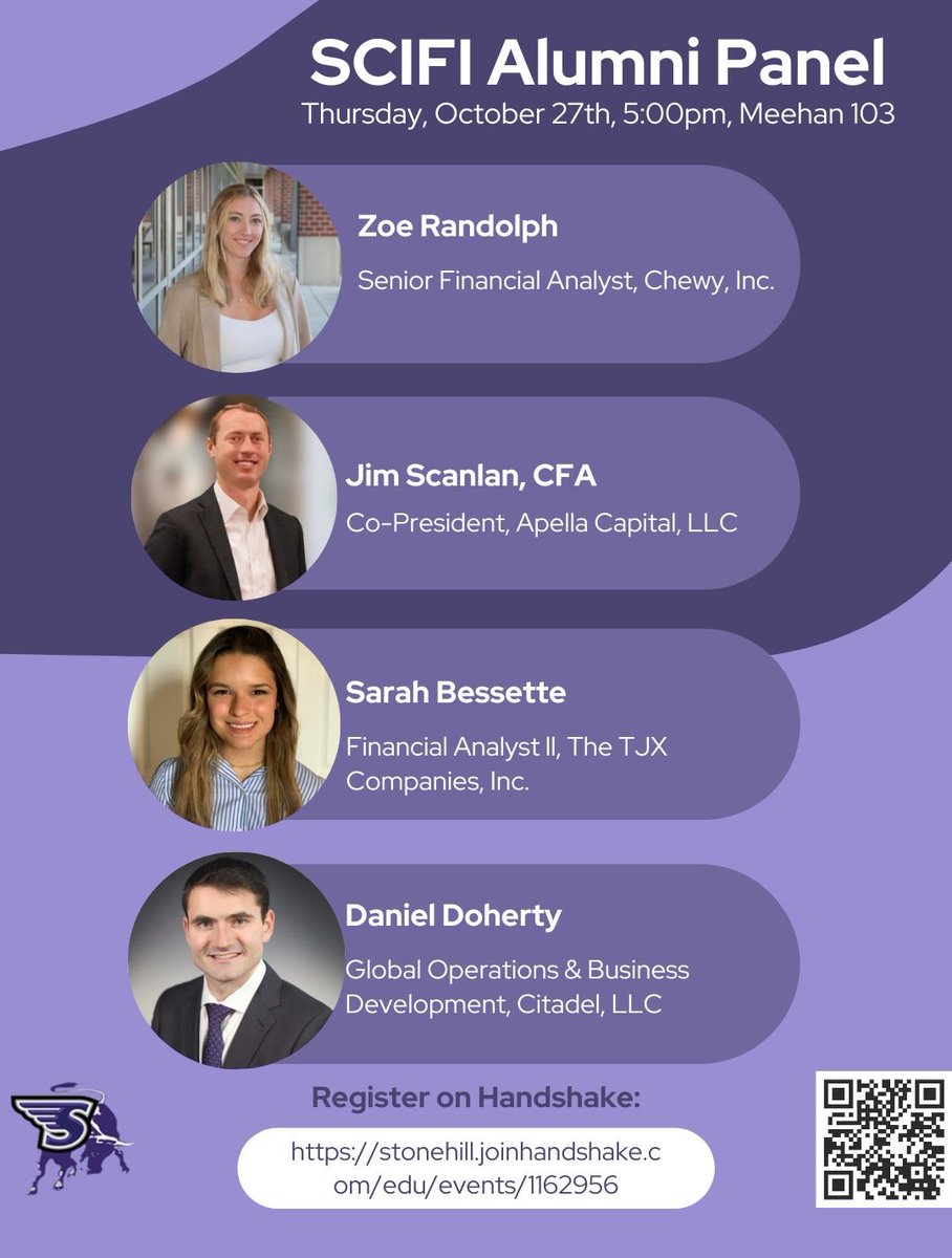 This Thursday 10/27 join Zoe Randolph, Jim Scanlan, Sarah Bessette, and Daniel Doherty for the SCIFI Alumni Panel in Meehan 103. 

Register using the QR Code or link below:

stonehill.joinhandshake.com/edu/events/116…