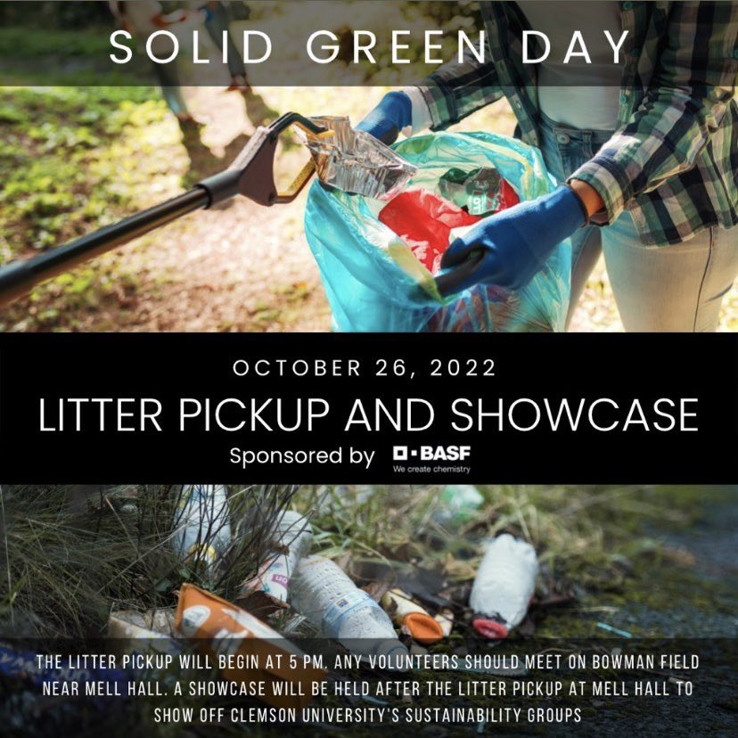 Come out and join us Wednesday, October 26 for a litter pickup and showcase for our Solid Green Week! This is a great way to get some fresh air and do something meaningful for your community! Check out the graphic for more info🗑♻️🌱
Time: 5pm 
Place: Bowman Field