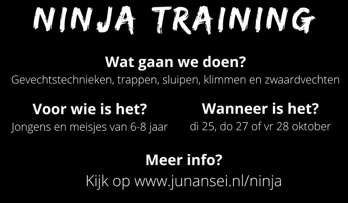 junansei's tweet photo. Er zijn nog een paar plekjes over op de donderdagmiddag en vrijdagmiddag !

Inschrijven kan nog op  https://t.co/19Pgul6f5s 

#ninja #voorschoten #wassenaar #leiden #herfstvakantie https://t.co/ORTr5hwN93