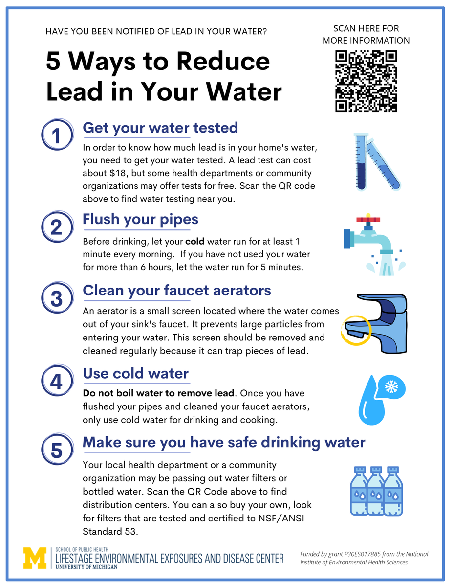 It’s Lead Poisoning Prevention Week! Here are 5 ways to reduce lead in your drinking water. Scan the QR Code or follow this link for more resources: bit.ly/MILeadResources