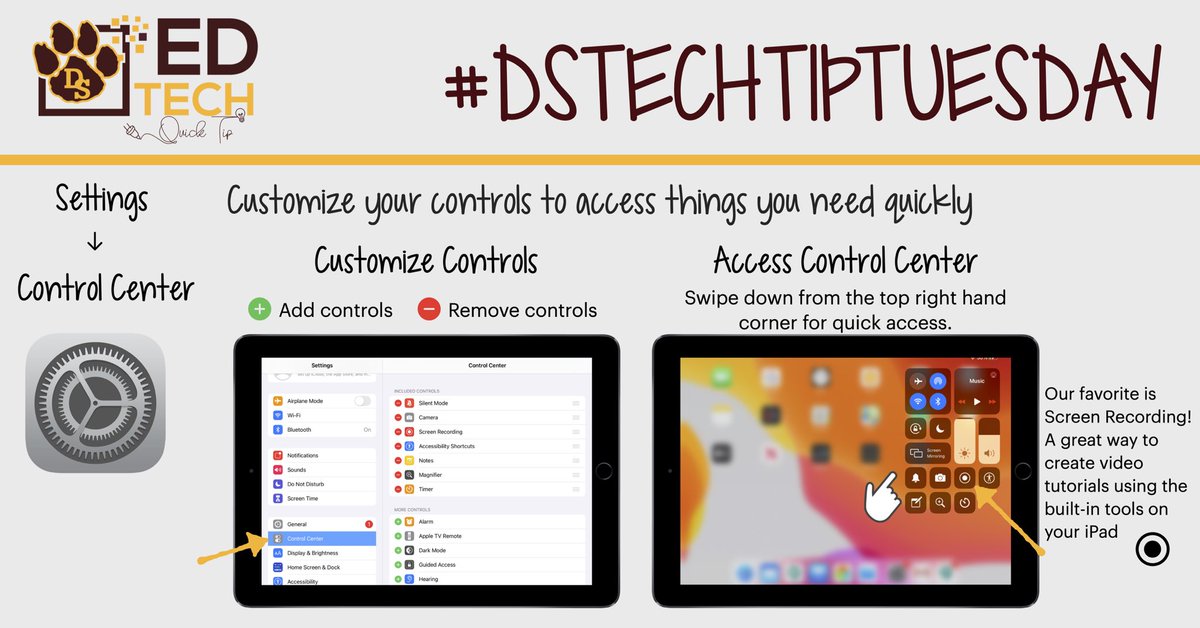 DS_EdTech's tweet photo. It’s #TechTipTuesday! Did you know you can customize your iPad or iPhone’s Control Center, creating an easy and quick access point to tools you need! #DSEdTech #AppleEDUchat #EdTech #iPadED https://t.co/Vrw8nRqpmk
