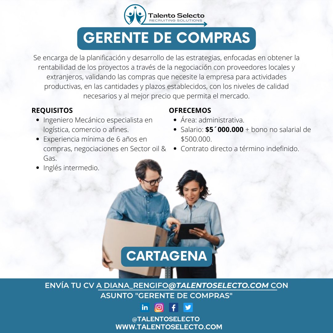 TalentoSelecto's tweet photo. Nos alegra anunciar una alianza con uno de los máximos exponentes en la industrial Petrolera.
🎉 ¡Postúlate ya!
#gerente #gerentedecompras #comercio #finanzas #cartagena #trabajosihay #oportunidad #oportunidadlaboral #empleo #trabajoencartagena #talentoselecto https://t.co/xE4k77Y2Rc