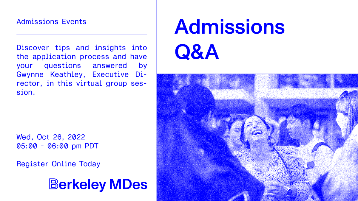 The applications for graduate admission to join Berkeley Master of Design in Fall 2023 are open! Discover our tips and insights into the application process.
RSVP here: lnkd.in/gWieXaYW
#mdes2023
#berkeleymdes
#ucberkeley
