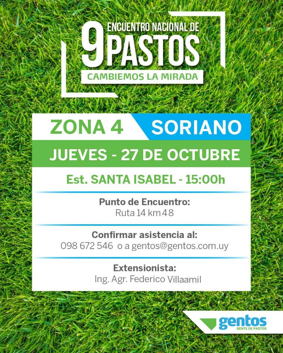 Una nueva jornada en el marco del 9no Encuentro Nacional de Pastos!
📍Punto de encuentro: ruta 14 Km 48

Vamos a conversar sobre ganadería intensiva “Tecno” sobre campos agrícolas.
Además rotaciones cortas y rotaciones largas.