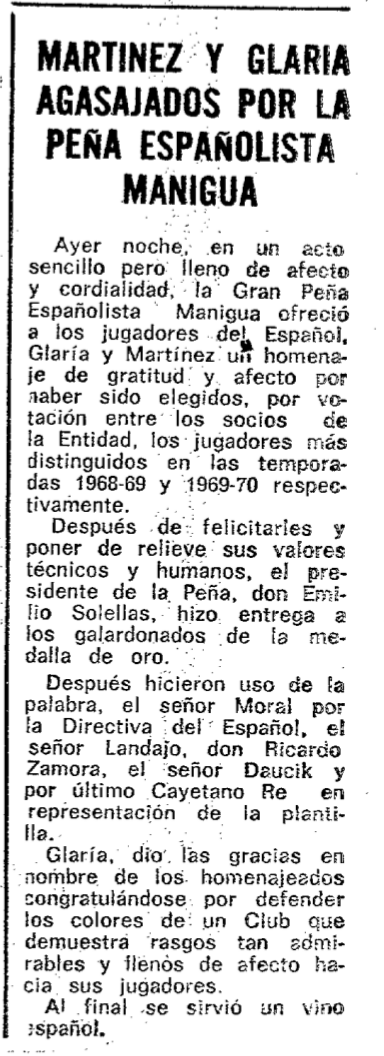 fcp_espanyol's tweet photo. #taldiacomavui de 1970, la @GPEManigua celebra un homenatge a Glaría i a Martínez com a millors jugadors escollits pels socis de la Penya (temporades 1968/69 i 1969/70, respectivament). L'acte se celebra a la seva seu social (Còrsega, n.414, Barcelona). #RCDE #FCPE https://t.co/paOWMQacVU