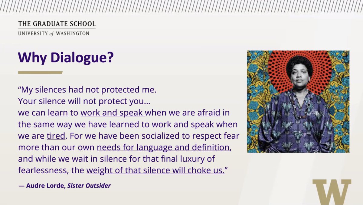 UWequityjustice's tweet photo. Dr. @RalinaJoseph is kicking off our first event in the #DialogueAcrossDifference series in collaboration with @UWgsee this morning with these words from Audre Lorde's "The Transformation of Silence into Language and Action" from Sister Outsider https://t.co/OhSNFHM69i