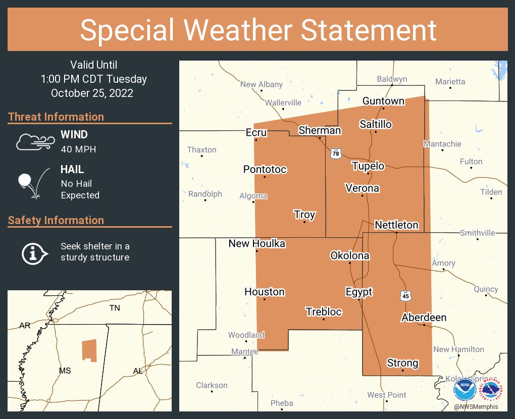 A special weather statement has been issued for Tupelo MS, Pontotoc MS and Aberdeen MS until 1:00 PM CDT