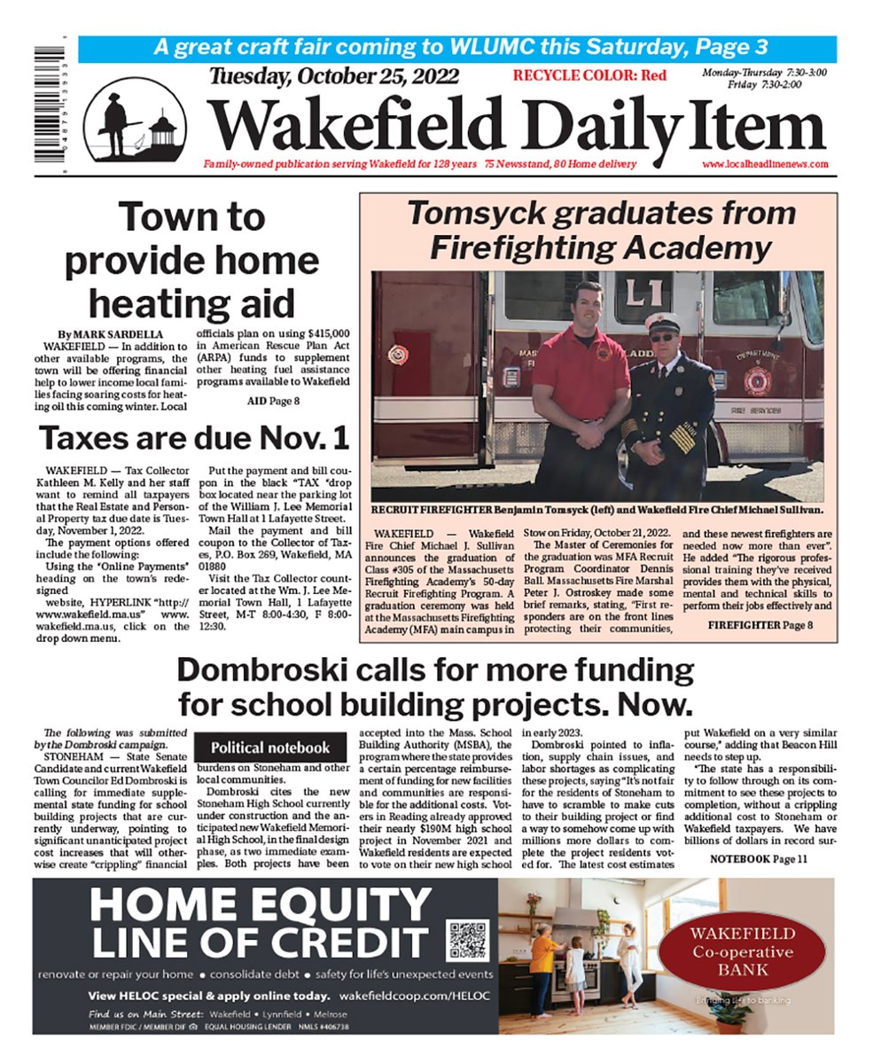 WakefieldDaily's tweet photo. Today's front page https://t.co/VLNA8DcUtw #wakefielditem #WakefieldMA https://t.co/IevKQVCVFD