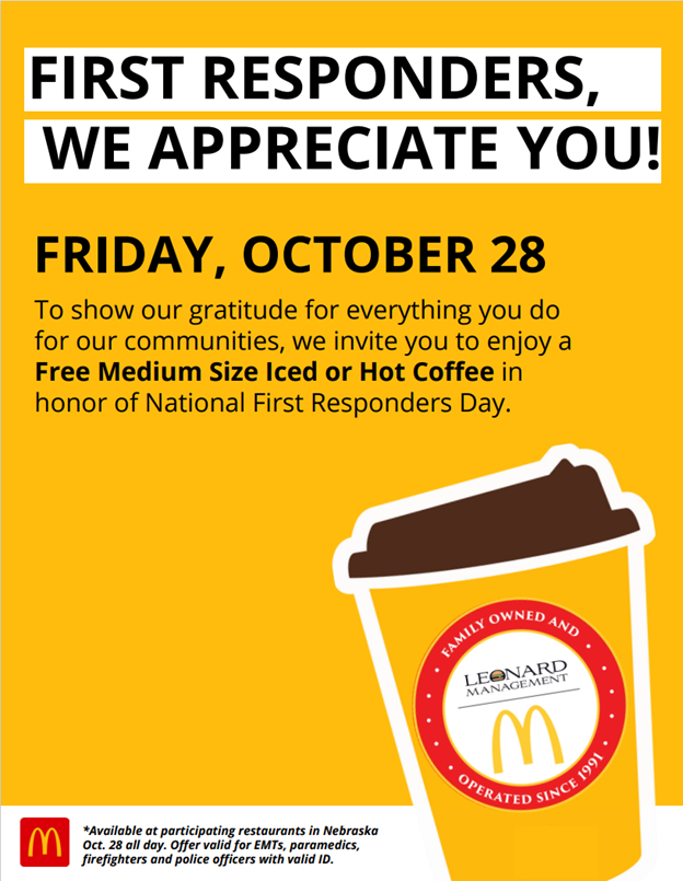 National First Responders Day, October 28, 2022. The day recognizes the heroic men and women who make it their business to take immediate action when disaster strikes, often putting their own lives on the line. Let's give appreciation to our High School Resource Officers in Sarpy