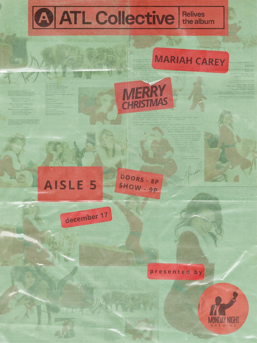 atlcollective's tweet photo. HOLIDAY SHOW DECEMBER 17th:  ATL Collective presents Mariah Carey's "Merry Christmas" album at Aisle 5 in Little 5 Points. Come hear local bands re-interpret this 90s classic! https://t.co/m2RwR3rDpW