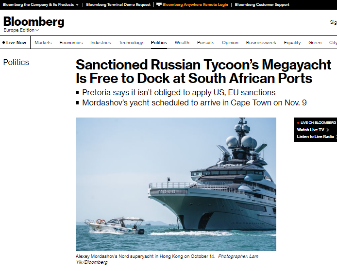 Bloomberg - #South_Africa’s government says it has “no reason” to apply #sanctions brought against Russian tycoon Alexey #Mordashov and that his $500 million megayacht is free to dock at its ports #War_in_Ukraine