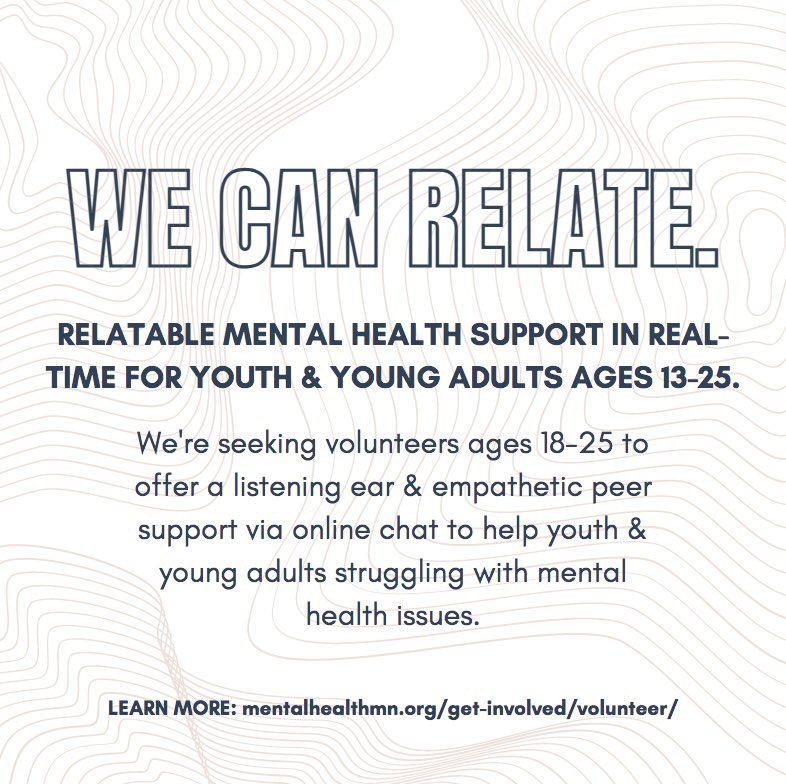 We’re always looking for more people to join our team! RELATE provides free, anonymous online peer support for youth and young adults. Learn more at: mentalhealthmn.org/get-involved/v… #relate #wecanrelate #mentalhealthonlinechat #onlinechat #youth #youngadults #relate