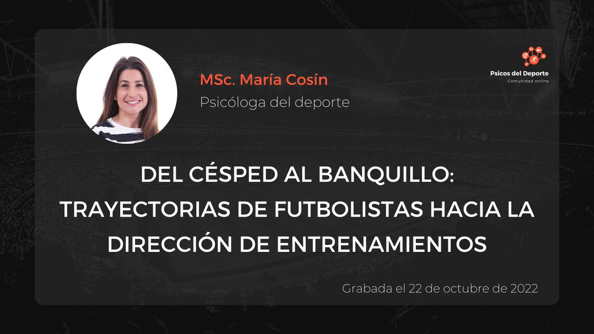 🦜¡Al loro!

Miembros de la Comunidad de Psicos del Deporte:

Ya tenéis disponible en la web el vídeo de la sesión con <a href="/MariaCosin/">Maria Cosin</a>, para que podáis verlo cuando queráis.

"Del césped al banquillo: Trayectorias de futbolistas hacia la dirección de entrenamientos".