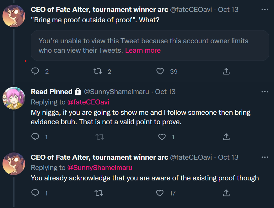 Block and report <a href="/fateCEOavi/">CEO of Fate Alter</a>. Well first off look at their profile and come back here. They are a lolicon and a far rightist who supports and justify kiwifarms. You know a pure hate site that targets trans people.