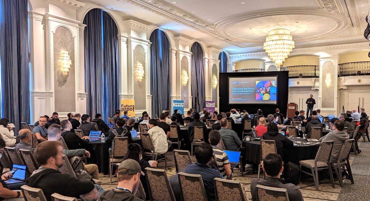 Yugabyte's tweet photo. The @Yugabyte team have worked their magic and the live Distributed SQL Summit at #KubeCon is now underway!💡

Don't forget to visit our Yugabeings at booth S60 (or virtually) this week to chat, bag cool swag, &amp; discover more about #YugabyteDB and #DistributedSQL! 🚀 https://t.co/mpuhc7ccjt