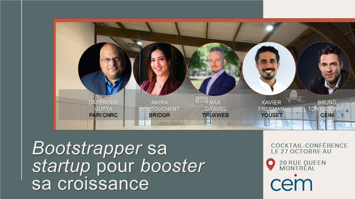 [Événement]
Vous voulez en savoir plus sur le 'Bootstrapping' (le démarrage d'une entreprise avec peu de capital)?
Venez vous joindre à nous au cocktail-conférence de nos partenaires du 
<a href="/CEIM_Qc/">CEIM</a>
 ce jeudi.
Tous les détails ici👇
facebook.com/events/4931030…
#startups #financement