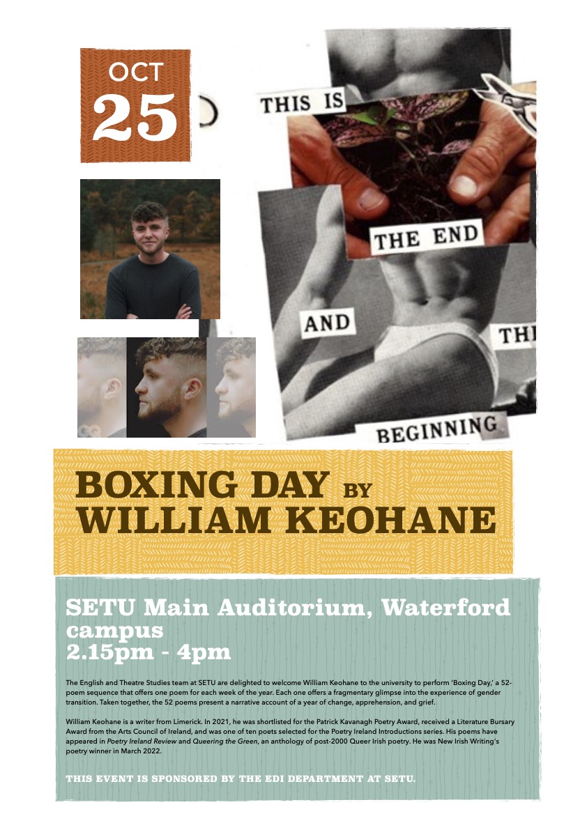 It was fantastic to have @WilliamKeohane_ in SETU today to perform 'Boxing Day', a 52 poem sequence charting a year of grief, apprehension and growth. Profoundly moving and important work. Thanks to @EDI_SETU for supporting this event.