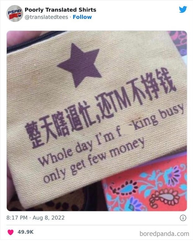 thetranslationc's tweet photo. Novelty T-shirts are one of the world’s favorite souvenirs. But if you’re visiting somewhere you don’t speak the language and want to buy one of them, you better be careful. Because as the designs below show, mistranslated t-shirts can be hilariously

https://t.co/zTAT86Jm73 https://t.co/sbA9f2JTDW