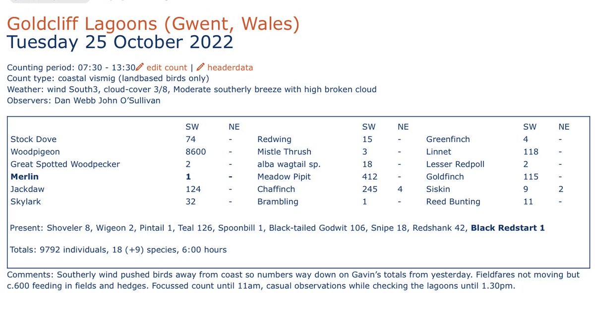 Another bit of Woodpigeon movement at Goldcliff with 8600 SW, otherwise steady Chaffinch, Linnet, Goldfinch passage. Spoonbill down then up channel and Black Redstart on Point <a href="/JohnOSu62459629/">John O’Sullivan</a> #gwentbirds