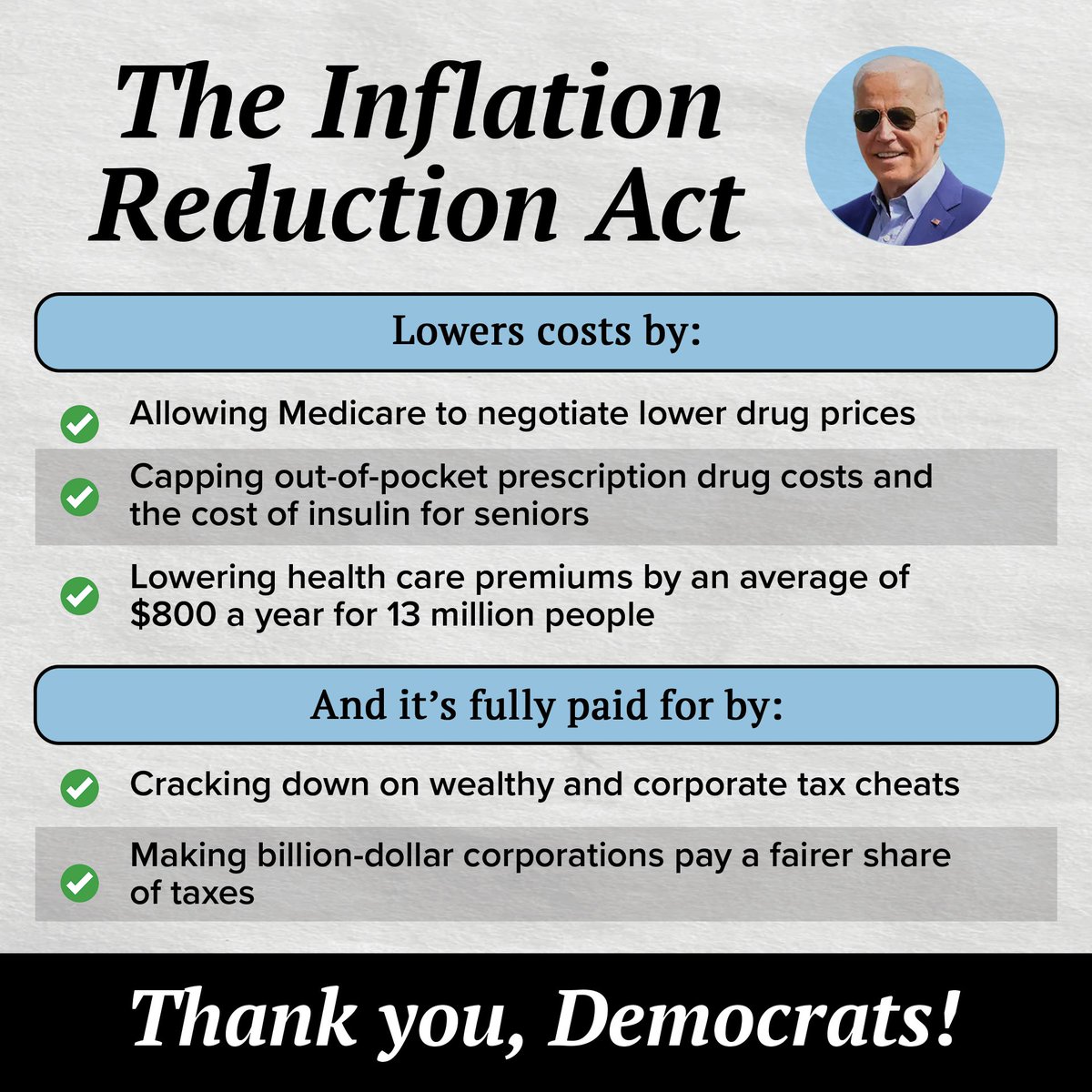 The #InflationReductionAct helps catch wealthy & corporate tax cheaters who avoid paying what they owe in taxes while: ☑️ Lowering healthcare premiums by an average $800/yr for 13 million folks ☑️ Capping out-of-pocket Rx costs for seniors ☑️ Lowering Medicare Rx prices