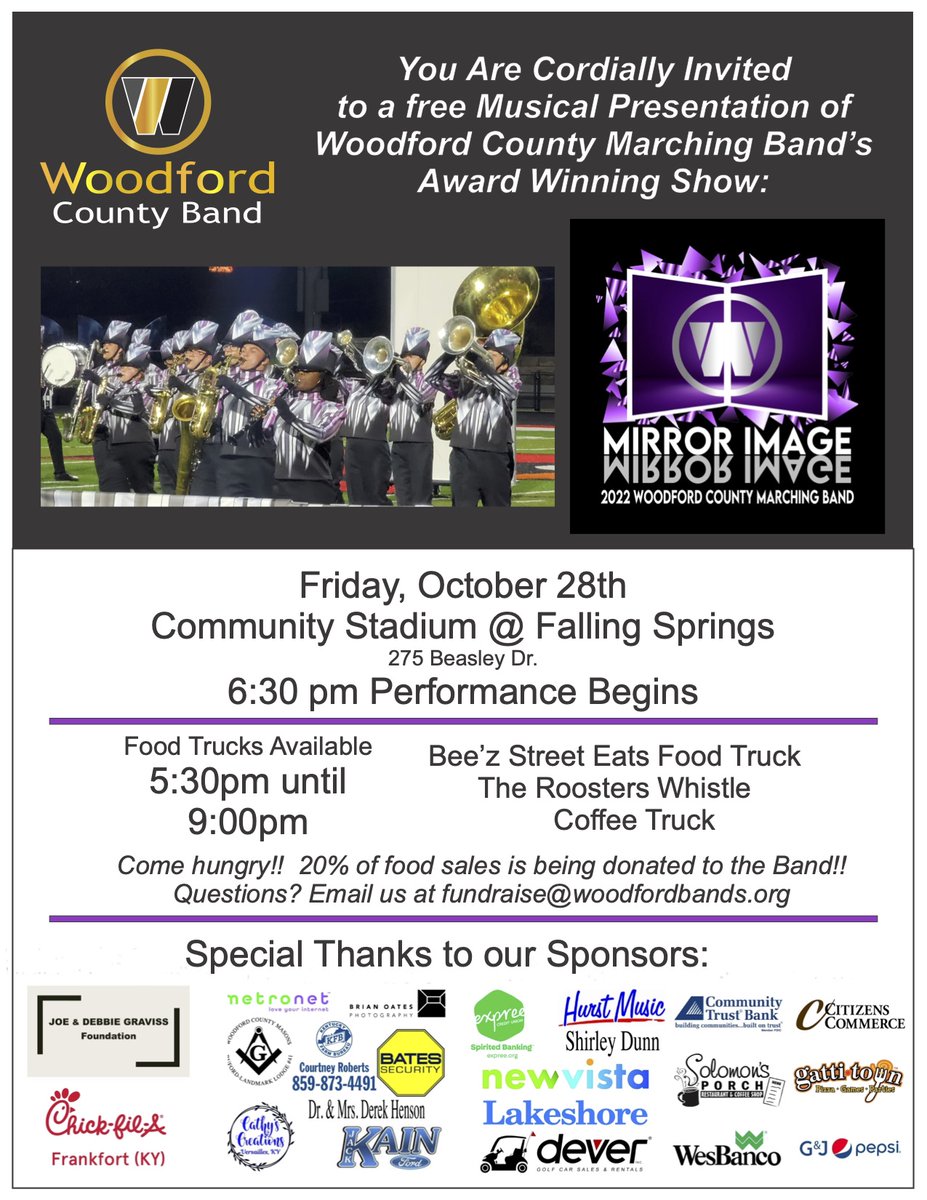 WoodfordCoPS's tweet photo. You are invited to the band's community performance on Friday night! The food trucks are available beginning at 5:30 and the show starts at 6:30. Help us give our band a big send off crowd before they head to the state competition the next morning! Go Jackets! https://t.co/V3j3cvgJXn