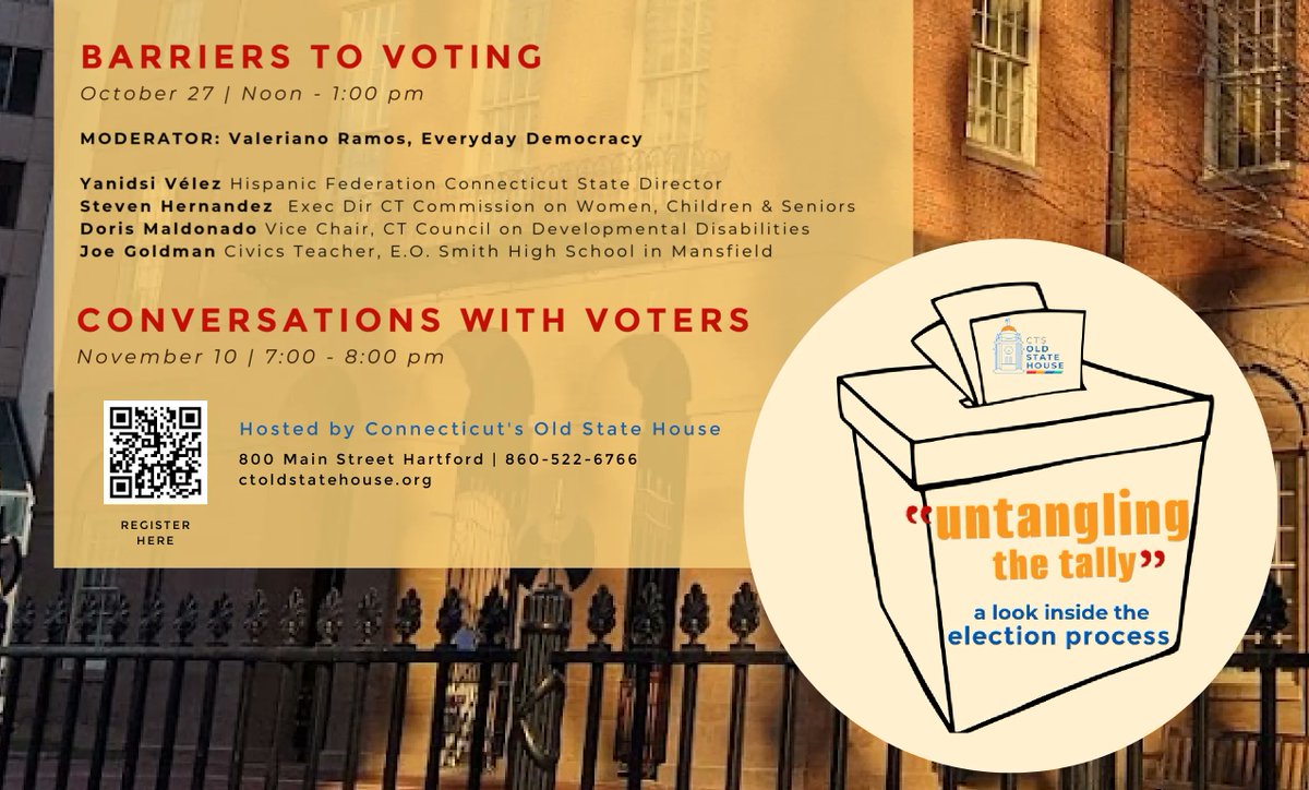 This Thursday @ Noon EST, @CTDemocracyCenter is hosting a panel on barriers to voting (moderated by our own Val Ramos!).

The hybrid event will be in person at <a href="/CTOldStateHouse/">Connecticut's Old State House</a> and streamed live on Facebook.

Register for free at: bit.ly/UntanglingTheT…