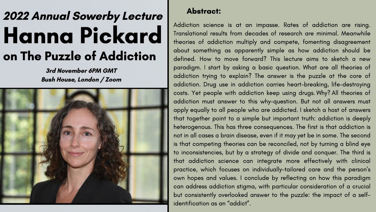 We are so delighted to have Professor Hanna Pickard giving the 2022 Annual Sowerby Lecture in Philosophy and Medicine! Join us on November 3rd to hear Prof Pickard speak on the Puzzle of Addiction. Attend in person/online; followed by drinks reception! eventbrite.co.uk/e/438551067047