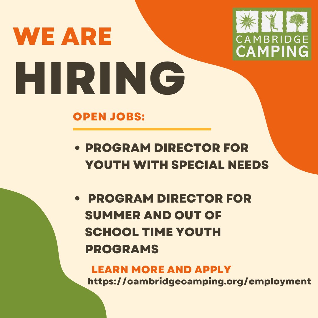 Job alert! CCA is looking enthusiastic and qualified candidates for two, year-round Program Director roles. Learn more and apply at cambridgecamping.org/employment

#nonprofitjobs 
#cambridgenonprofits