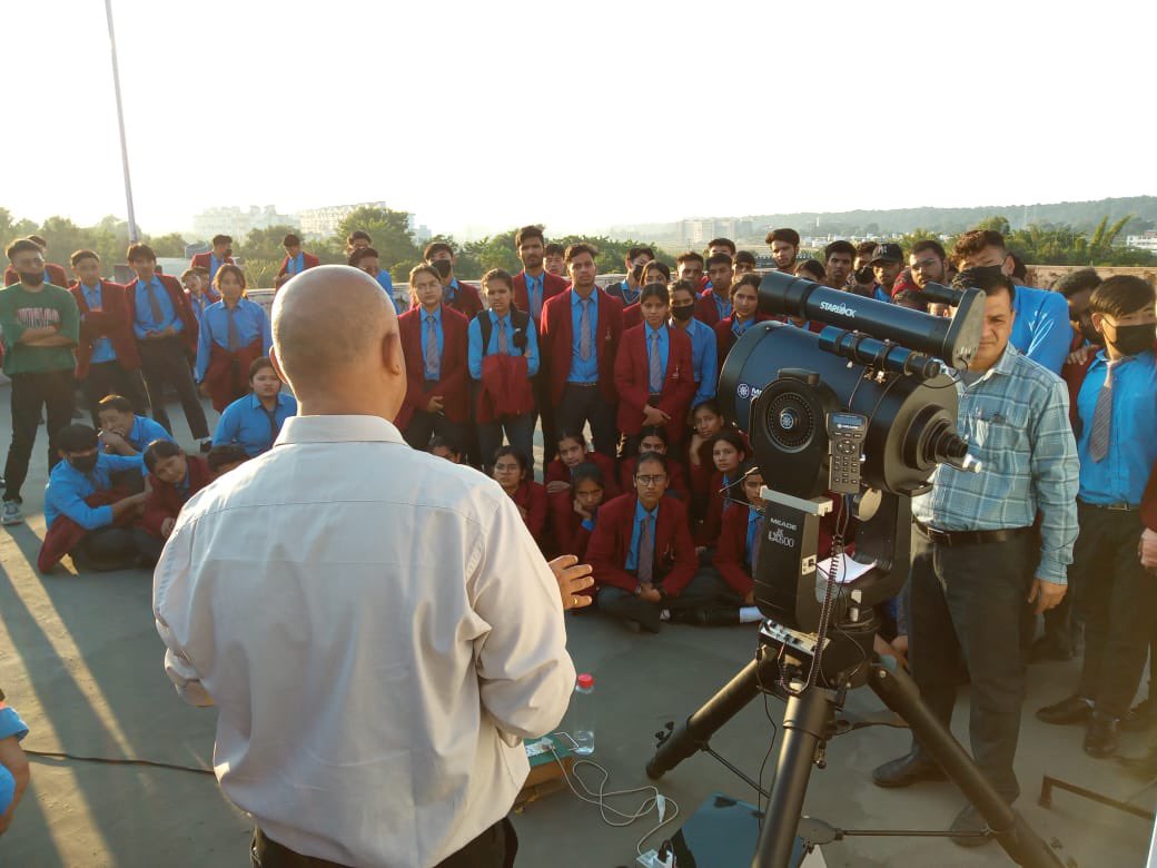 RSC_Dehradun's tweet photo. RSC Dehradun organized live projection of partial solar eclipse

A special live program to observe partial solar eclipse through the Starlock LX600 telescope was organised by the center today on 25th October from 4:26pm to 5:28pm. https://t.co/4aFVx4Ywm3
