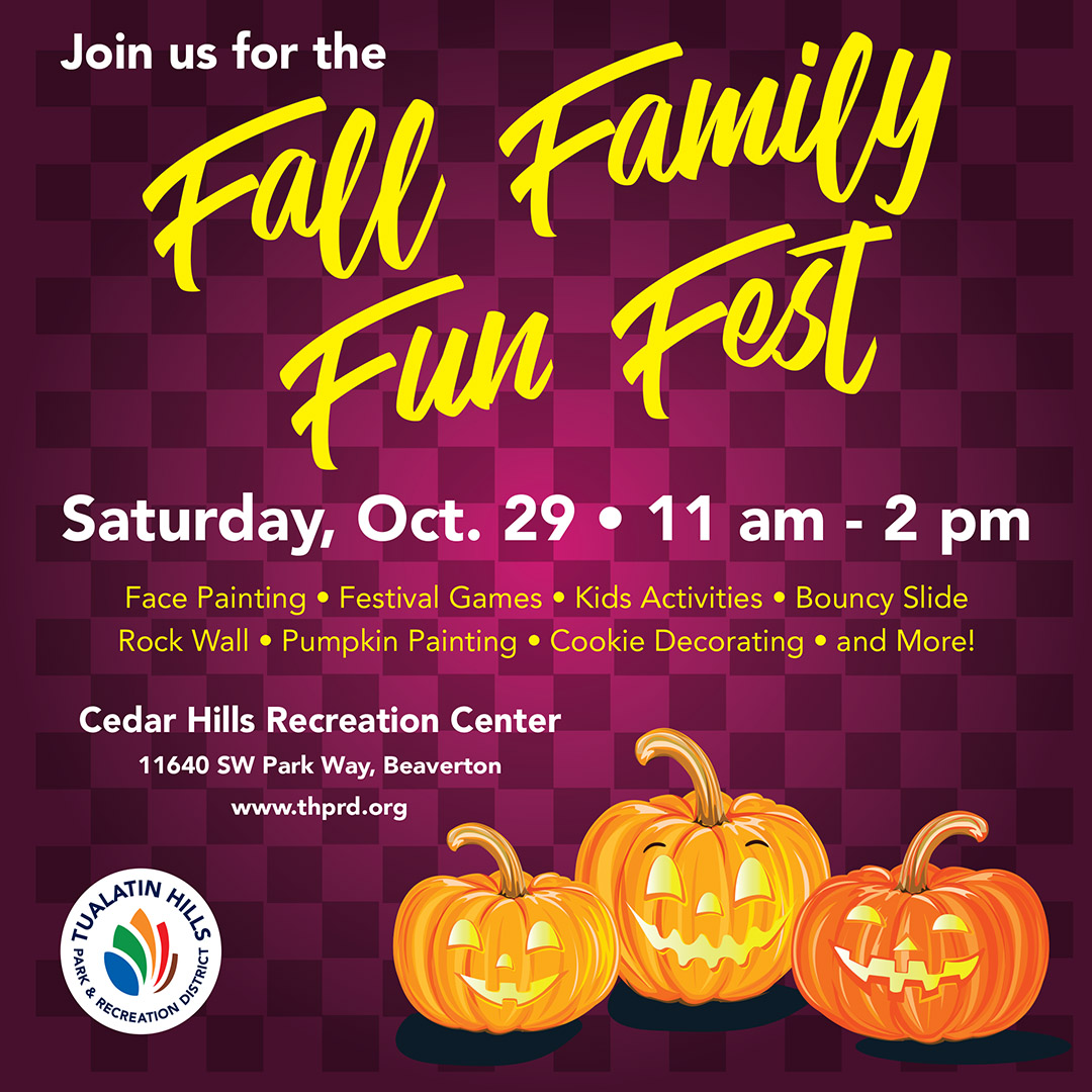 The Fall Family Fun Fest is coming to Cedar Hills Recreation Center on Saturday, October 29. Fun activities include face painting, games, bouncy slide, rock wall climbing, pumpkin painting, cookie decorating, and more! buff.ly/3s3iaEu 🎃