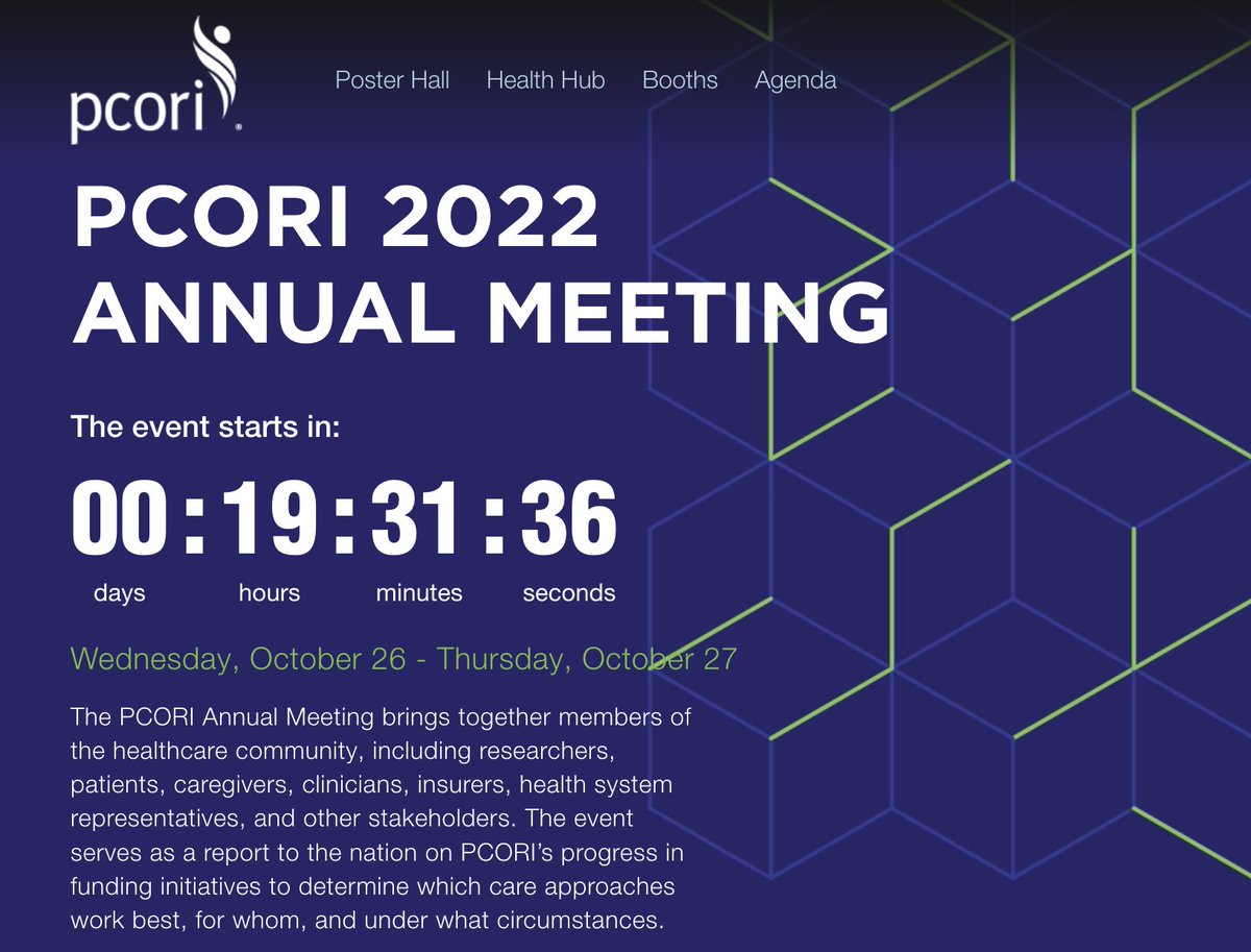 JessicaVSmith1's tweet image. Excited to see the clock ticking down towards the #PCORI2022 Annual Meeting. I wish we could all gather in person, but I&apos;m excited for the packed agenda and to present preliminary data from a PCORI-funded project I had the privilege of working on during my time @ChildrensNatl!